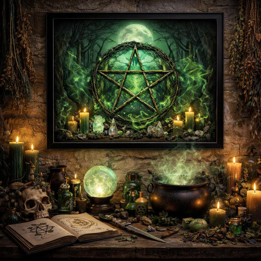 Gothic Pagan Pentacle art print in a black frame, featuring a mystical forest, moon, and green glow.