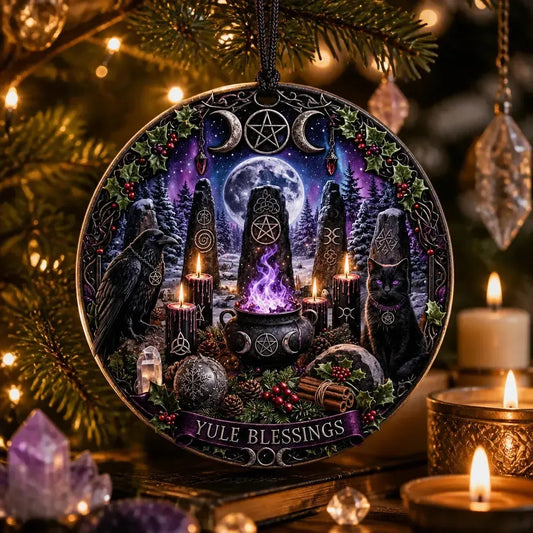 Gothic Pagan Yule Ceramic Ornament with Raven, Black Cat – Occult Symbols Christmas Tree Ornament_mockup_1.webp
