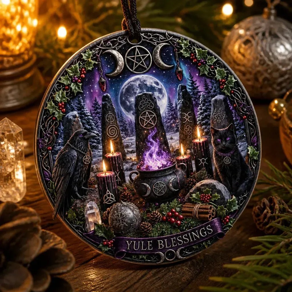 Gothic Pagan Yule Ceramic Ornament with Raven, Black Cat – Occult Symbols Christmas Tree Ornament_mockup_2.webp