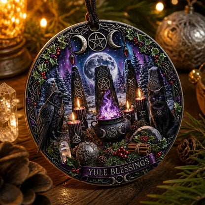 Gothic Pagan Yule Ceramic Ornament with Raven, Black Cat – Occult Symbols Christmas Tree Ornament_mockup_2.webp