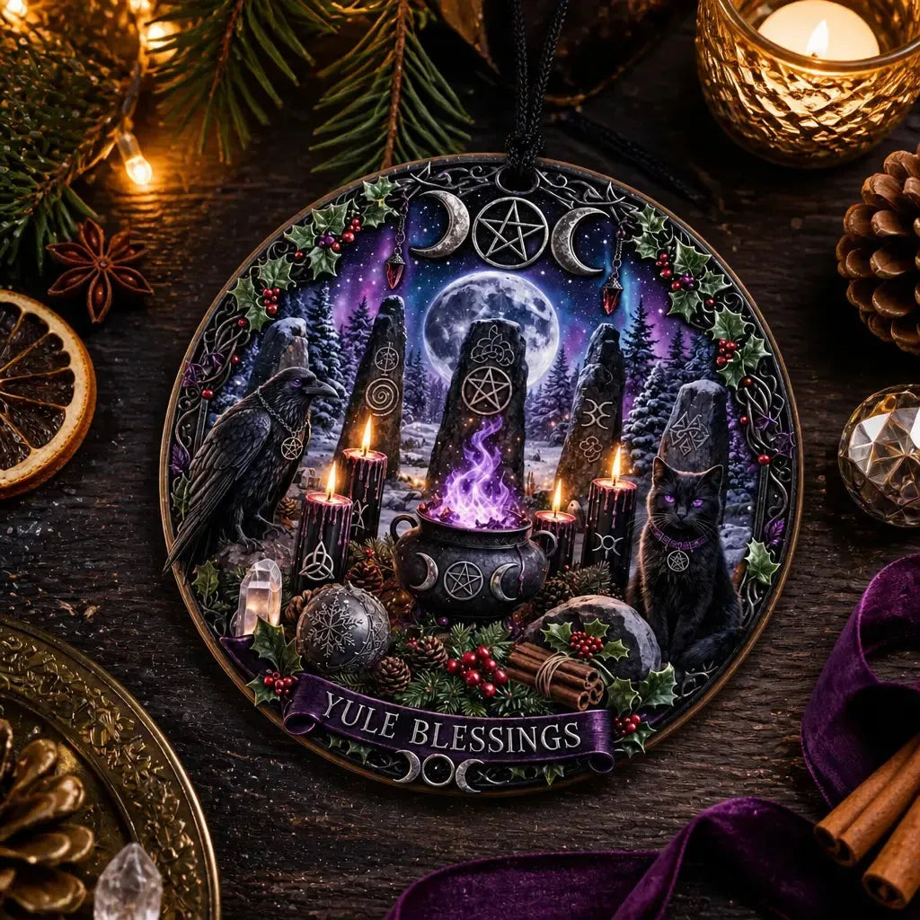 Gothic Pagan Yule Ceramic Ornament with Raven, Black Cat – Occult Symbols Christmas Tree Ornament_mockup_3.webp