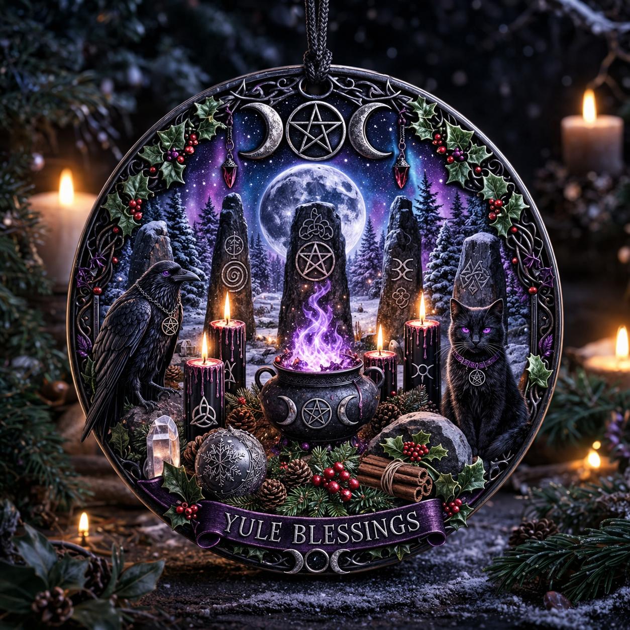Gothic Pagan Yule Ceramic Ornament with Raven, Black Cat – Occult Symbols Christmas Tree Ornament-MoonChildWorld