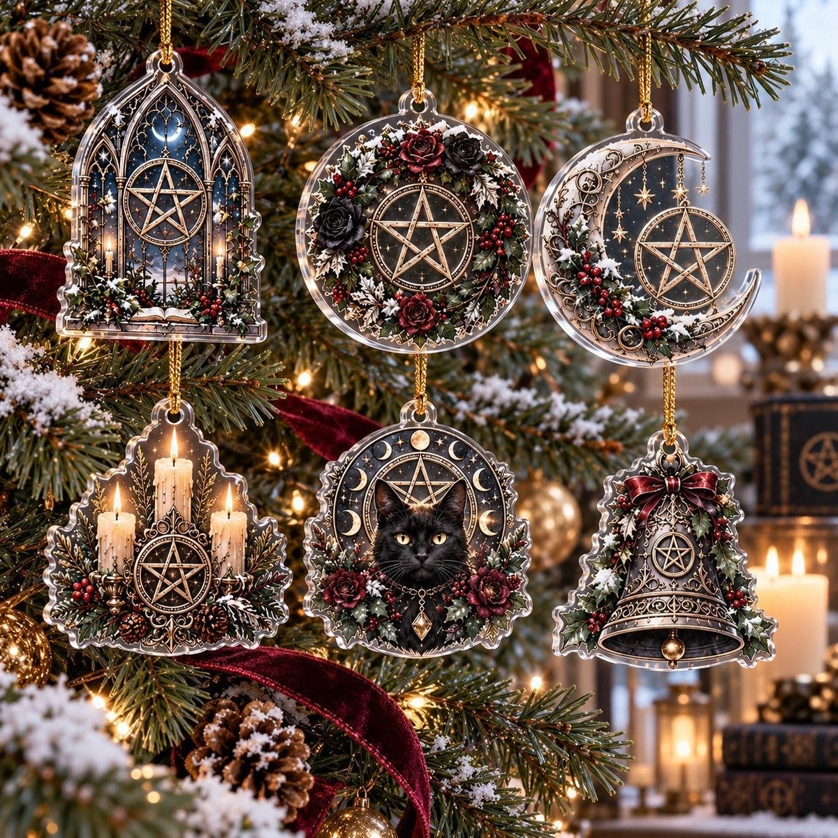 Gothic Pentacle Acrylic Ornament Set – Witchy Christmas Tree Decor – set of 6, another view