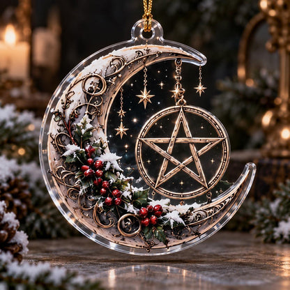Gothic Pentacle Acrylic Ornament Set – Witchy Christmas Tree Decor – Crescent Moon Pentacle ornament