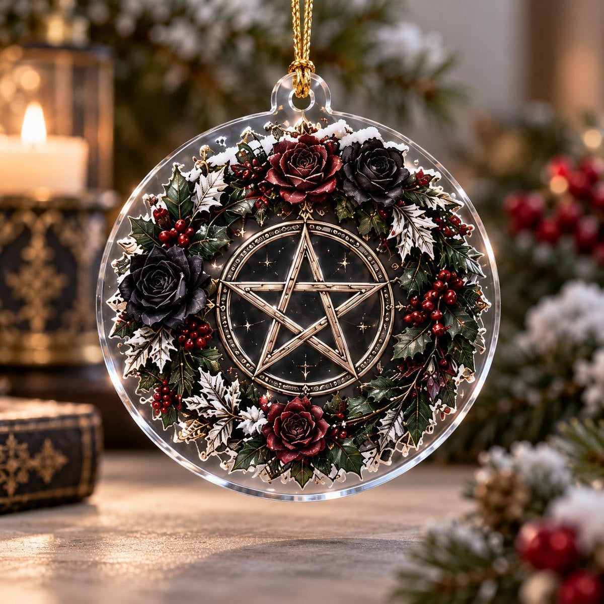 Gothic Pentacle Acrylic Ornament Set – Witchy Christmas Tree Decor – Rose Wreath Pentacle ornament