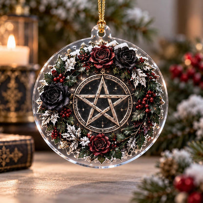 Gothic Pentacle Acrylic Ornament Set – Witchy Christmas Tree Decor – Rose Wreath Pentacle ornament