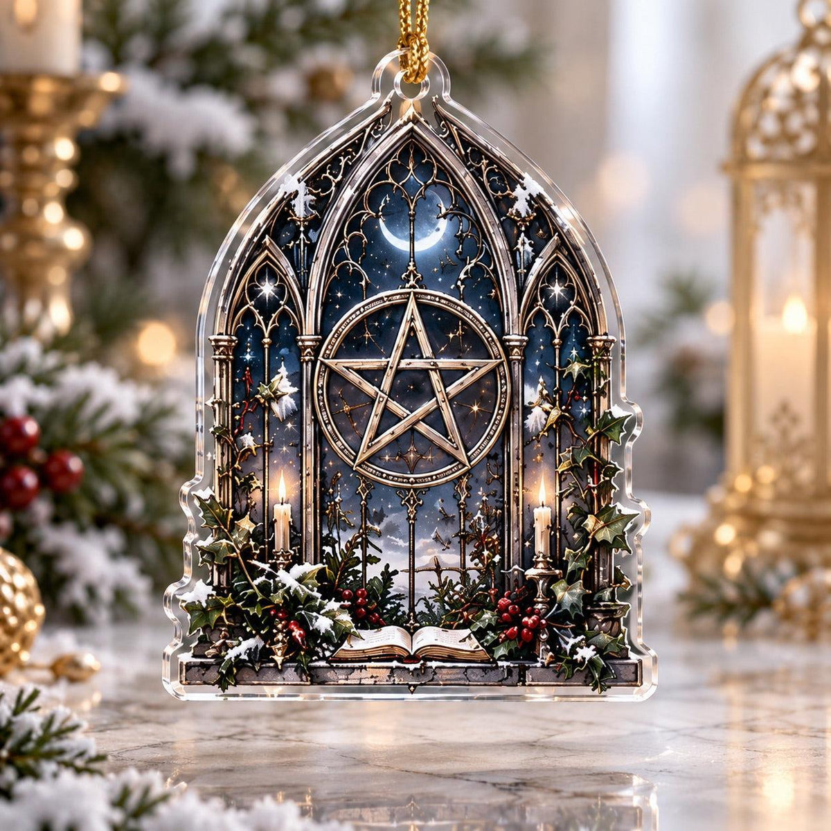 Gothic Pentacle Acrylic Ornament Set – Witchy Christmas Tree Decor – Cathedral Pentacle ornament