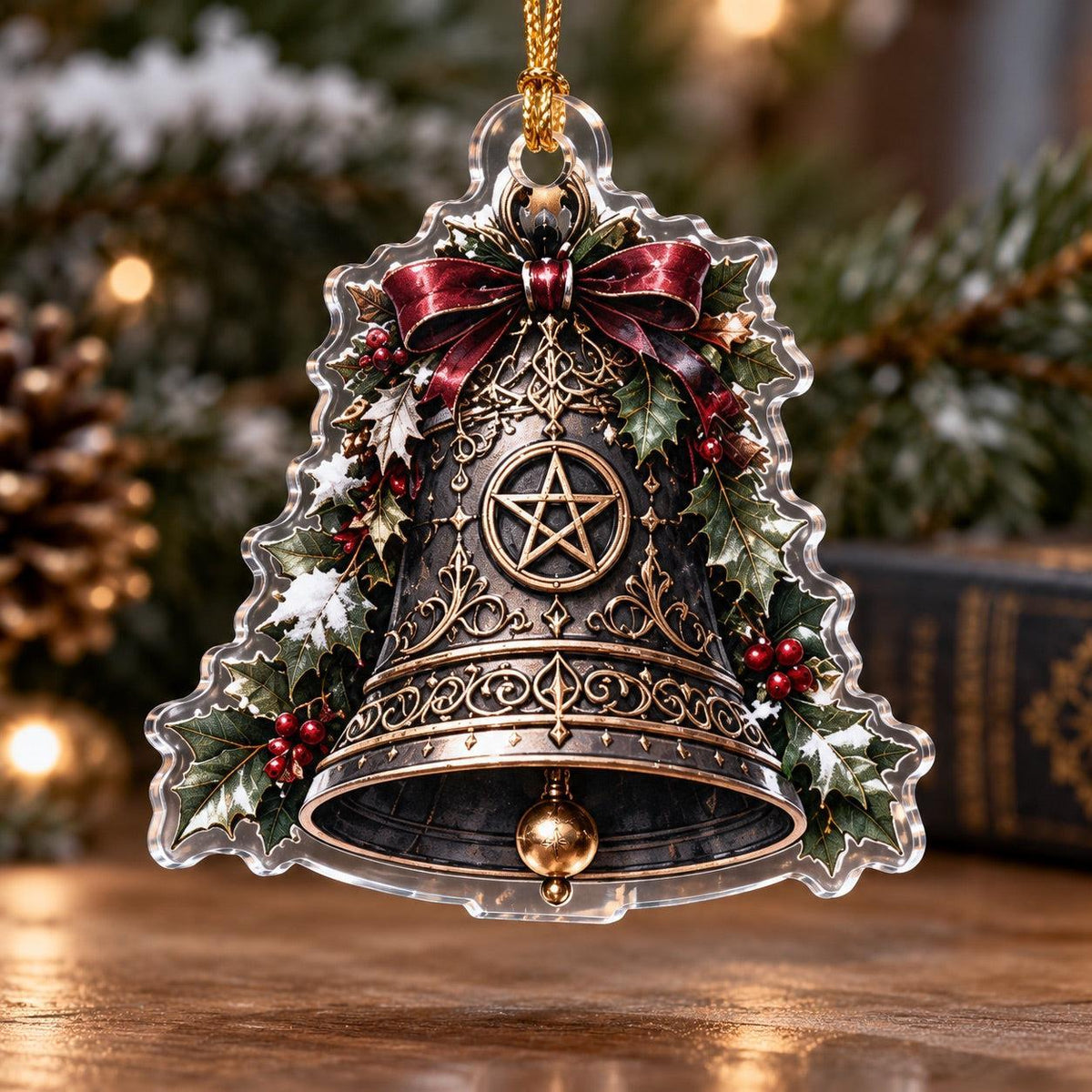 Gothic Pentacle Acrylic Ornament Set – Witchy Christmas Tree Decor – Gothic Bell Pentacle ornament