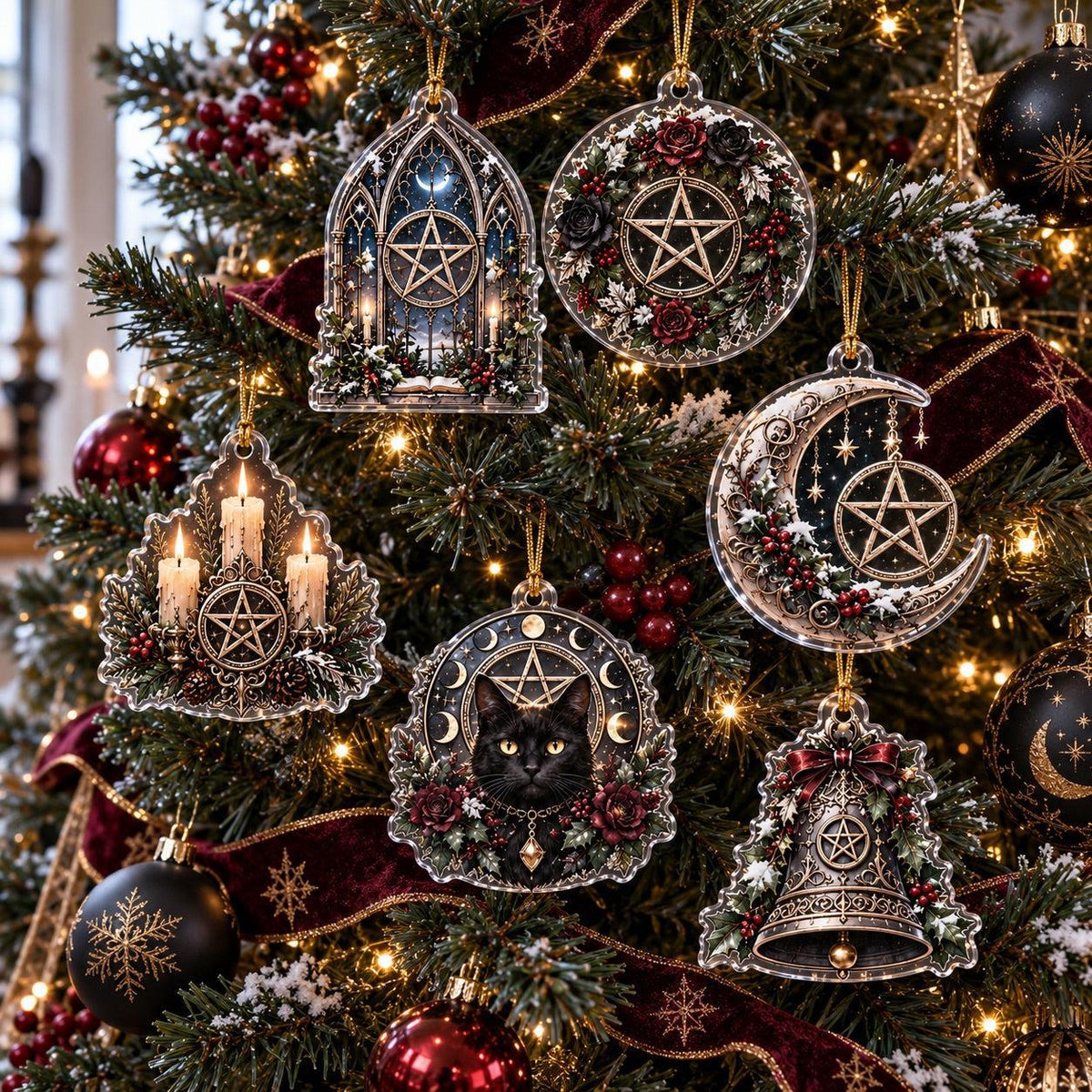 Gothic Pentacle Acrylic Ornament Set – Witchy Christmas Tree Decor – set of 6, another view