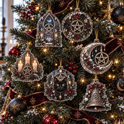 Gothic Pentacle Acrylic Ornament Set – Witchy Christmas Tree Decor – set of 6, another view