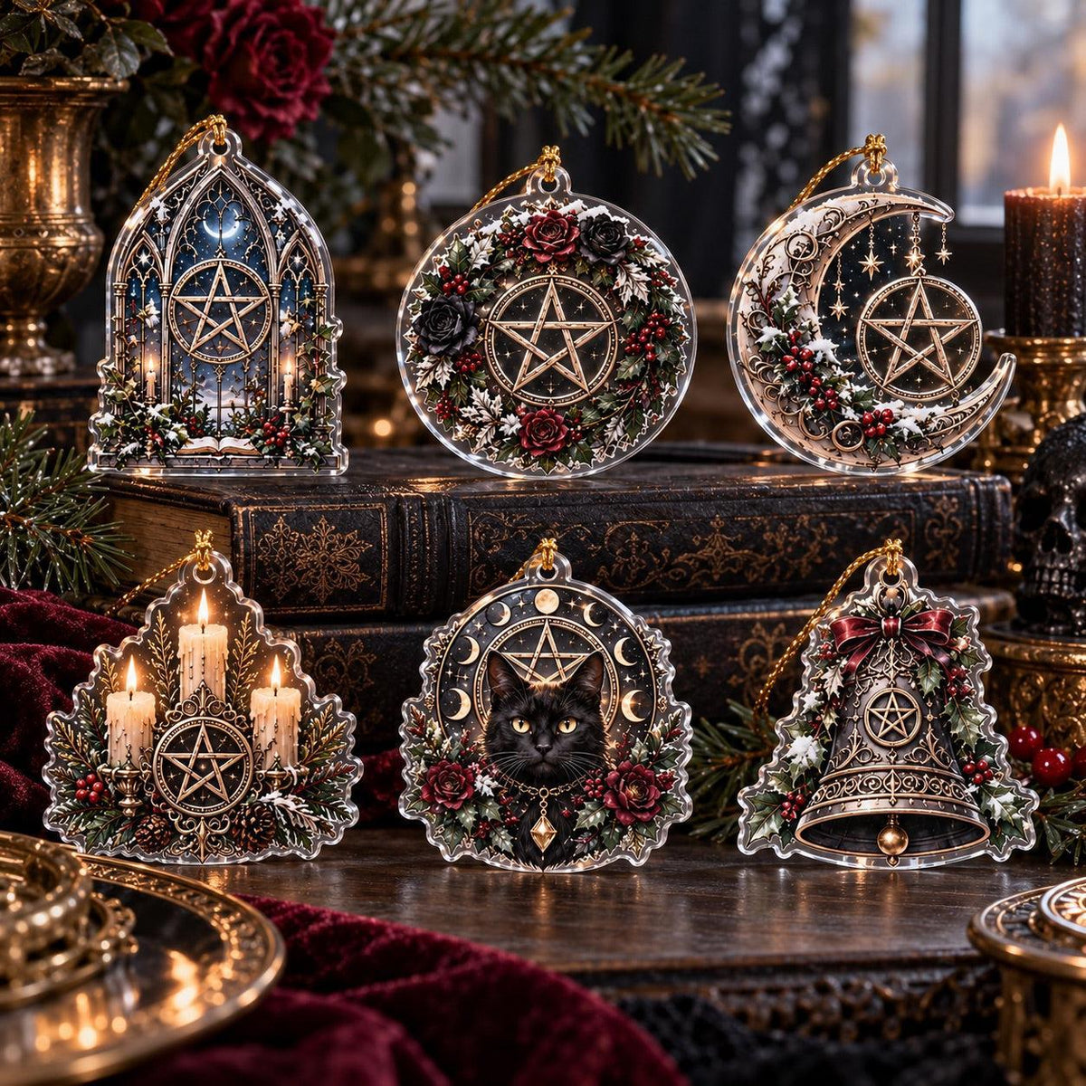 Gothic Pentacle Acrylic Ornament Set – Witchy Christmas Tree Decor – set of 6 acrylic ornaments
