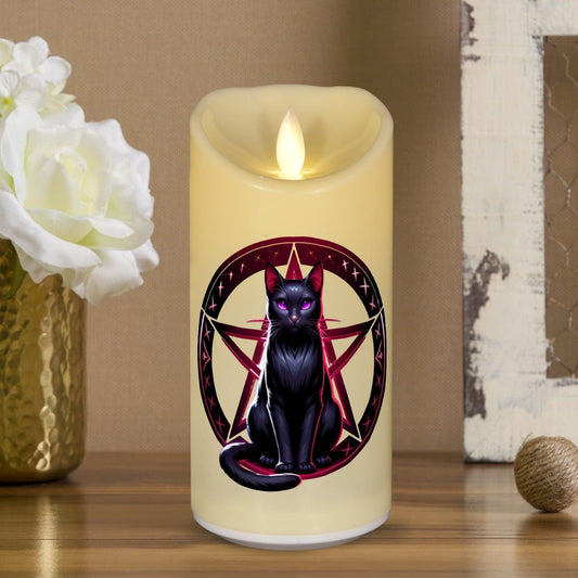 Gothic Pentacle Black Cat Wicca Flameless LED Candle-MoonChildWorld