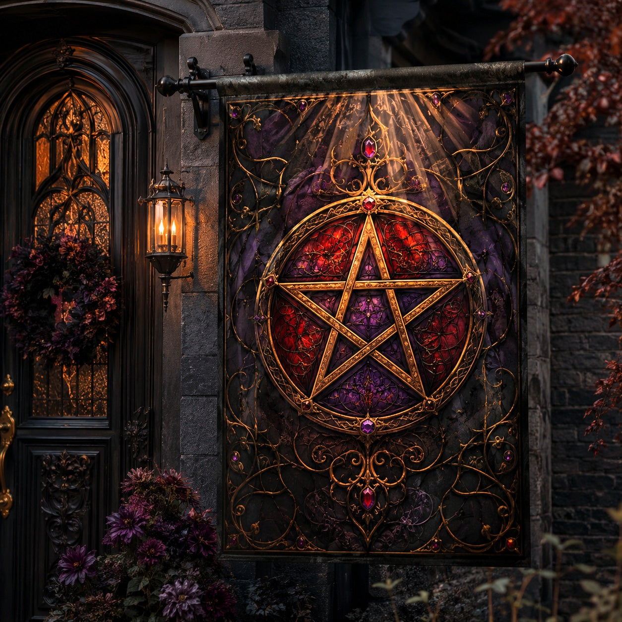 Gothic Pentacle house flag with red violet and gold design