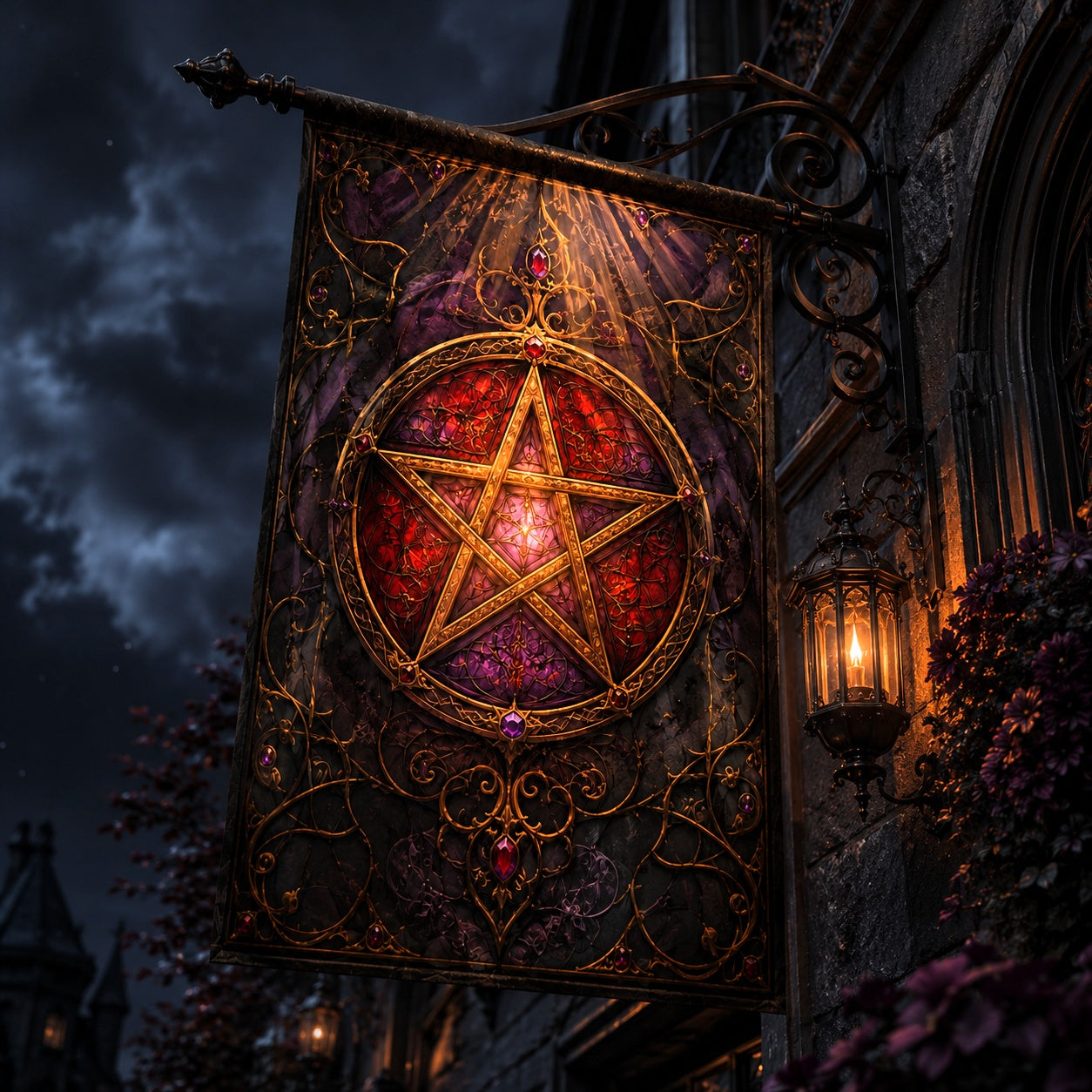 Gothic Pentacle house flag mockup hanging outdoors as pagan decor