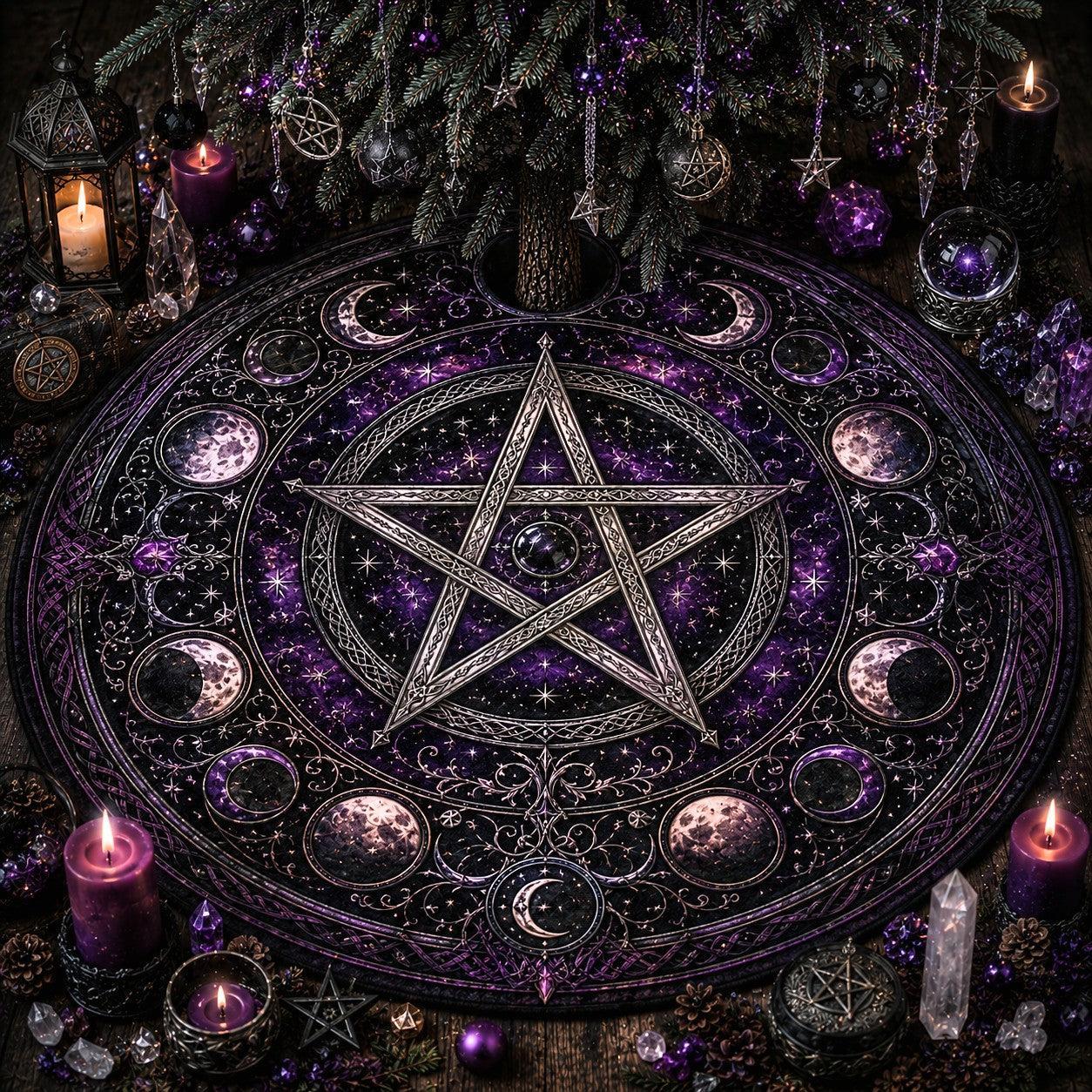Witchcraft tree skirt with pentagram, candles, and crystals on a dark background