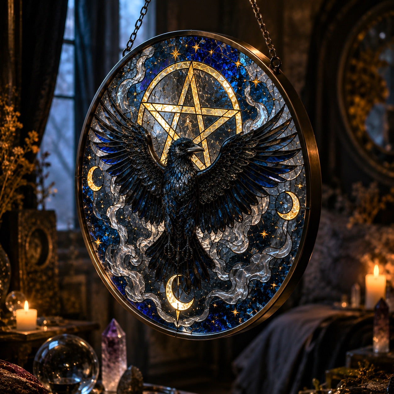 Gothic Pentacle Raven Glass Suncatcher - hanging view