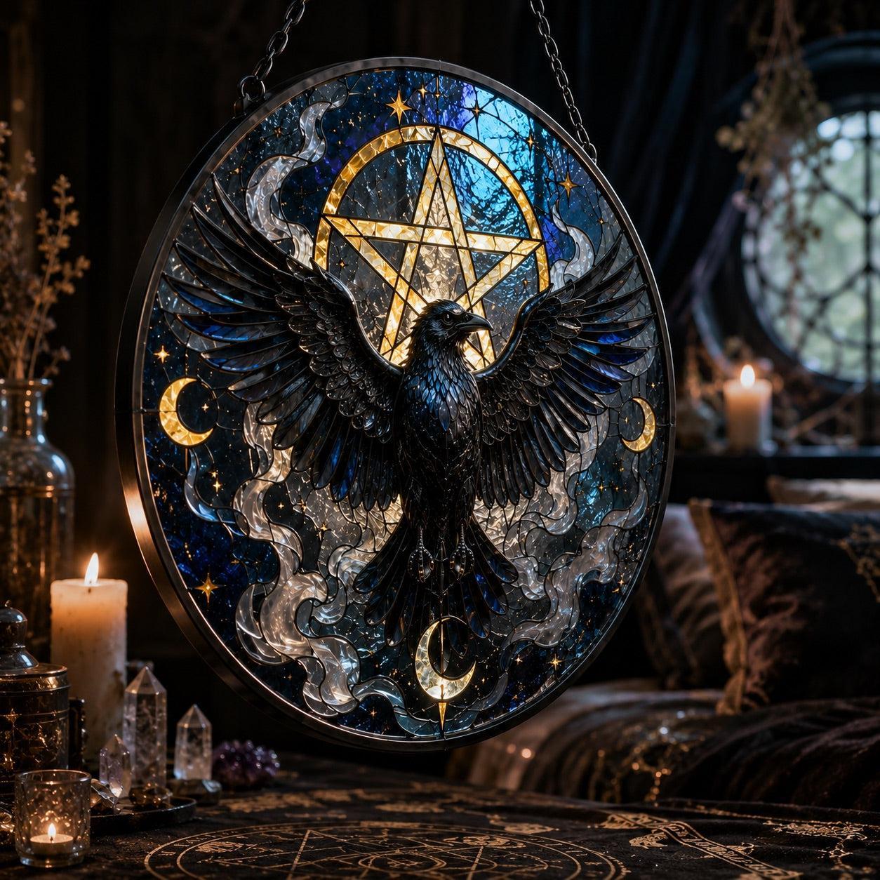 Gothic Pentacle Raven Glass Suncatcher - window display