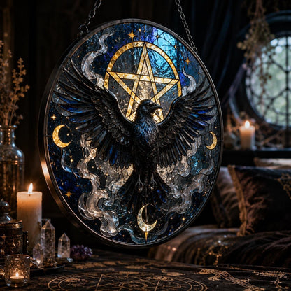 Gothic Pentacle Raven Glass Suncatcher - window display