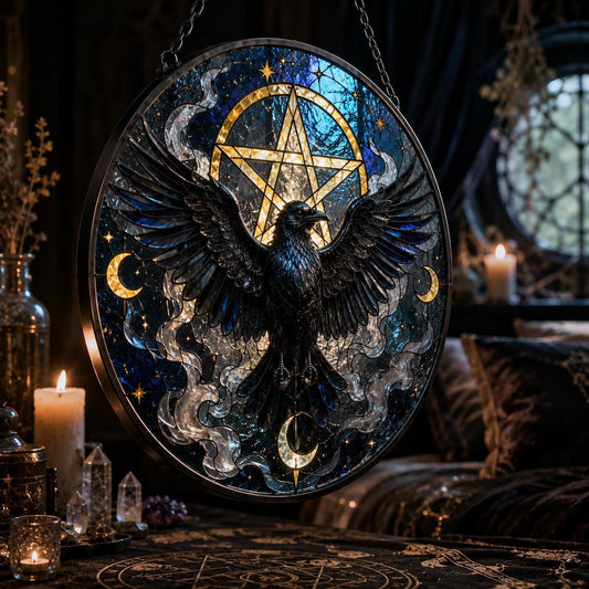 Gothic Pentacle Raven Glass Suncatcher - window display