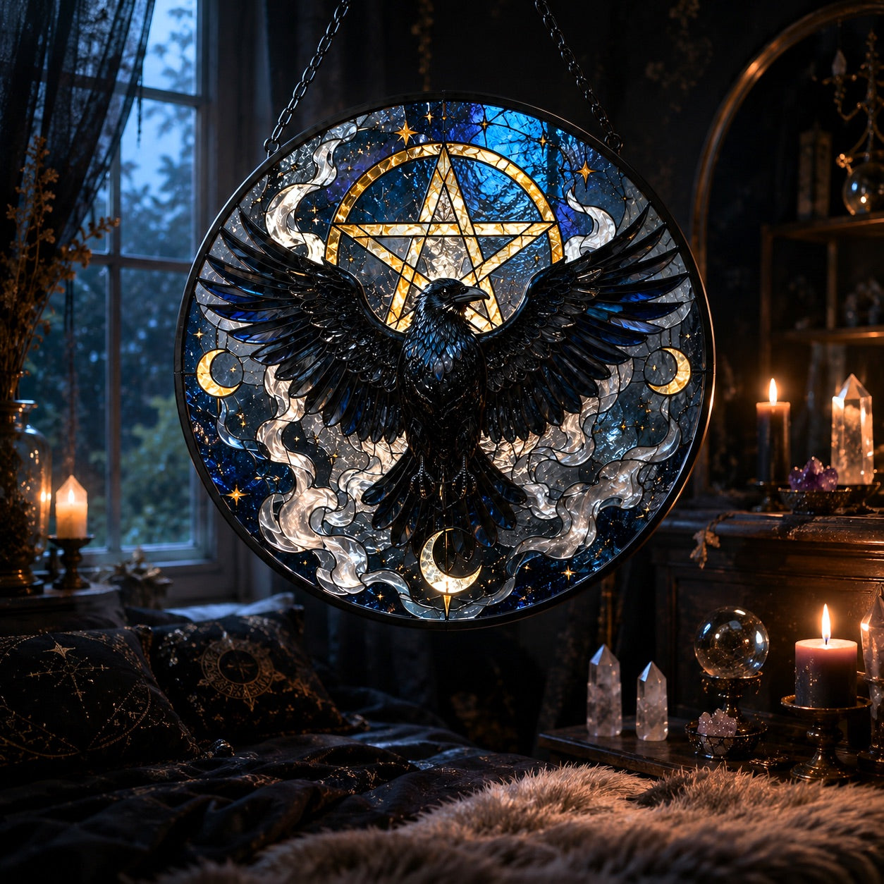Gothic Pentacle Raven Glass Suncatcher - close up detail