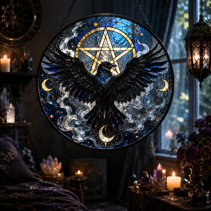 Gothic Pentacle Raven Glass Suncatcher - sunlight glow