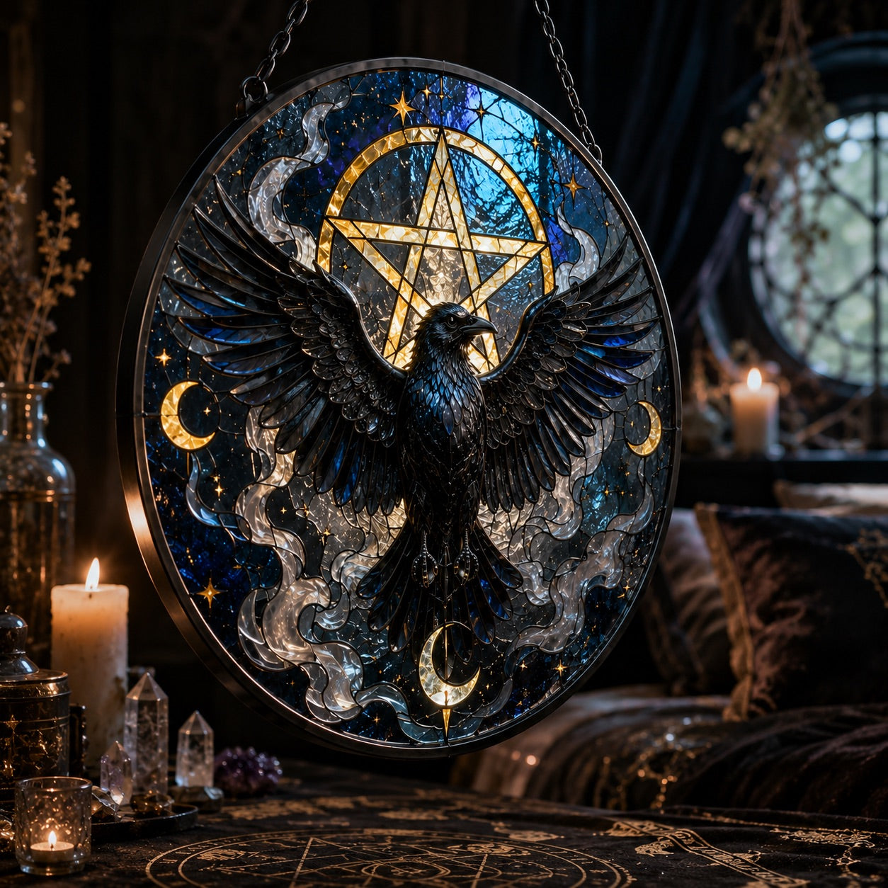 Gothic Pentacle Raven Glass Suncatcher - window display