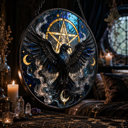Gothic Pentacle Raven Glass Suncatcher - window display