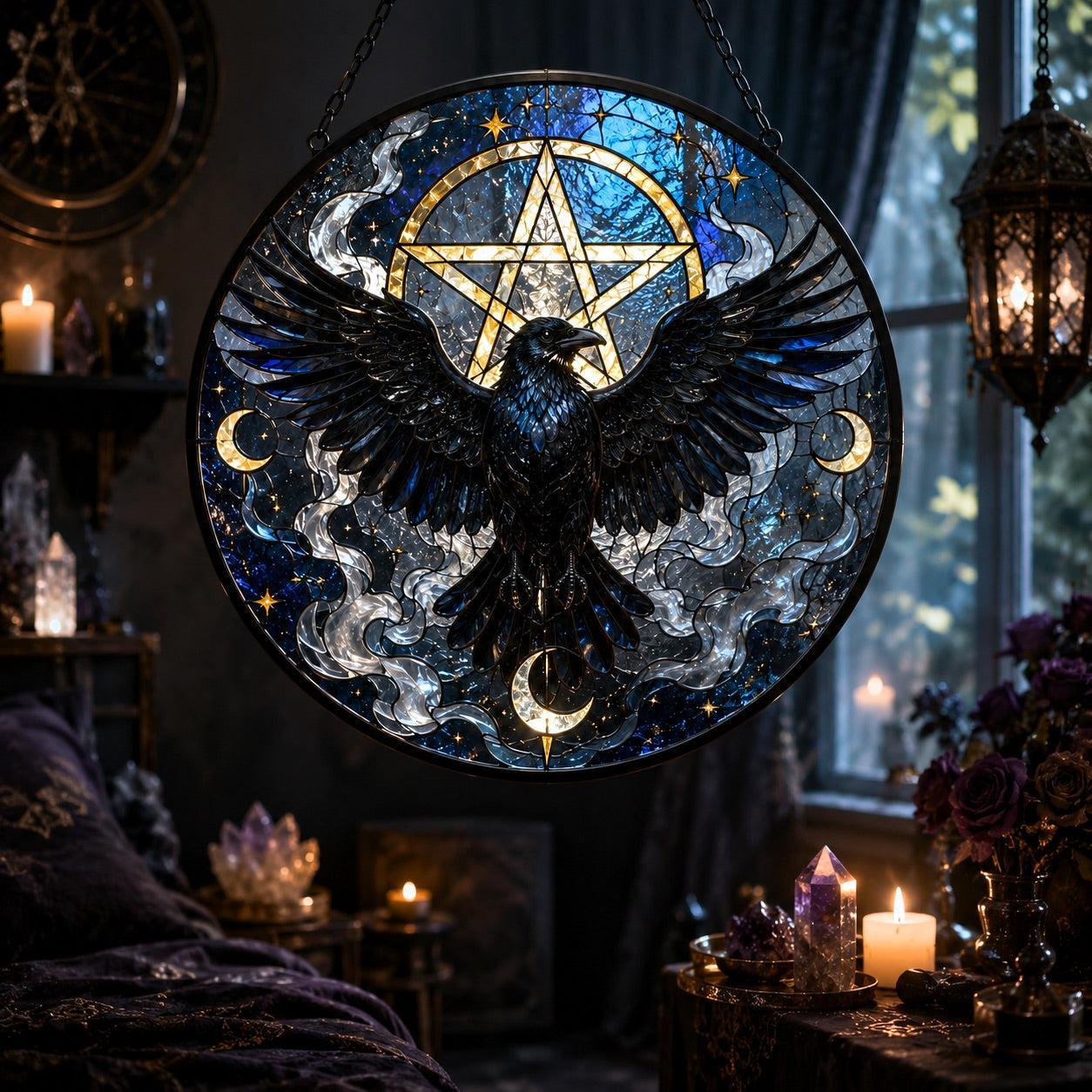 Gothic Pentacle Raven Glass Suncatcher - sunlight glow