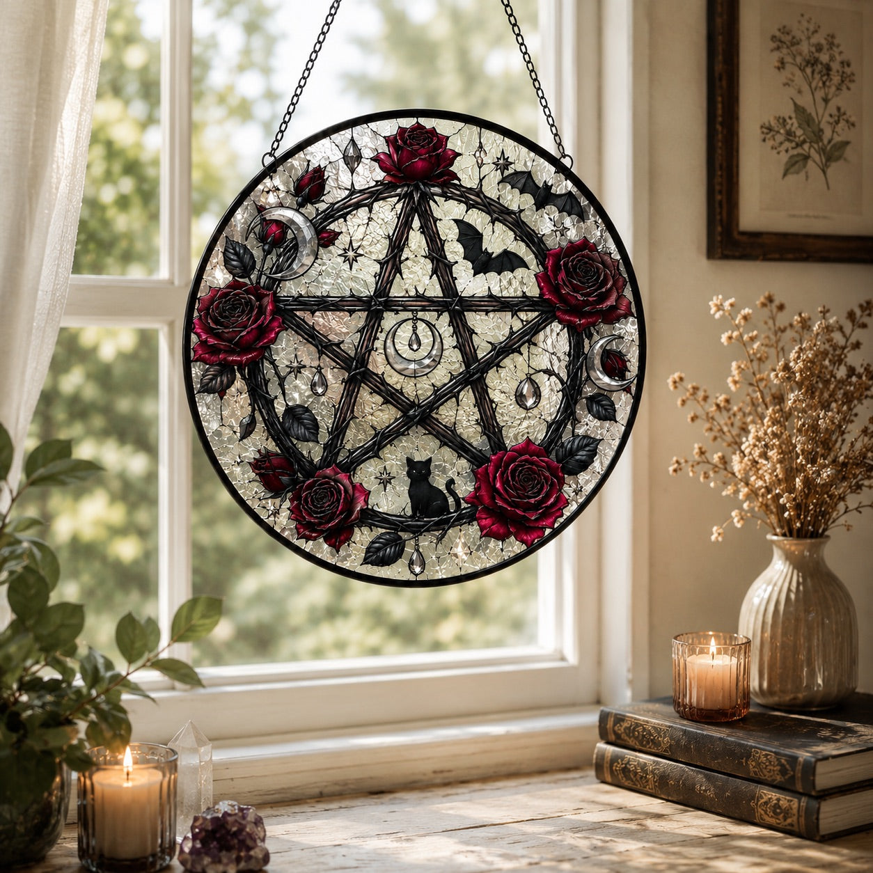 Gothic Pentagam Glass Suncatcher - sunlight glow