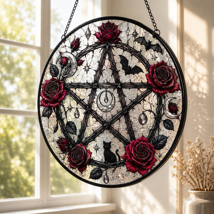 Gothic Pentagam Glass Suncatcher - close up detail