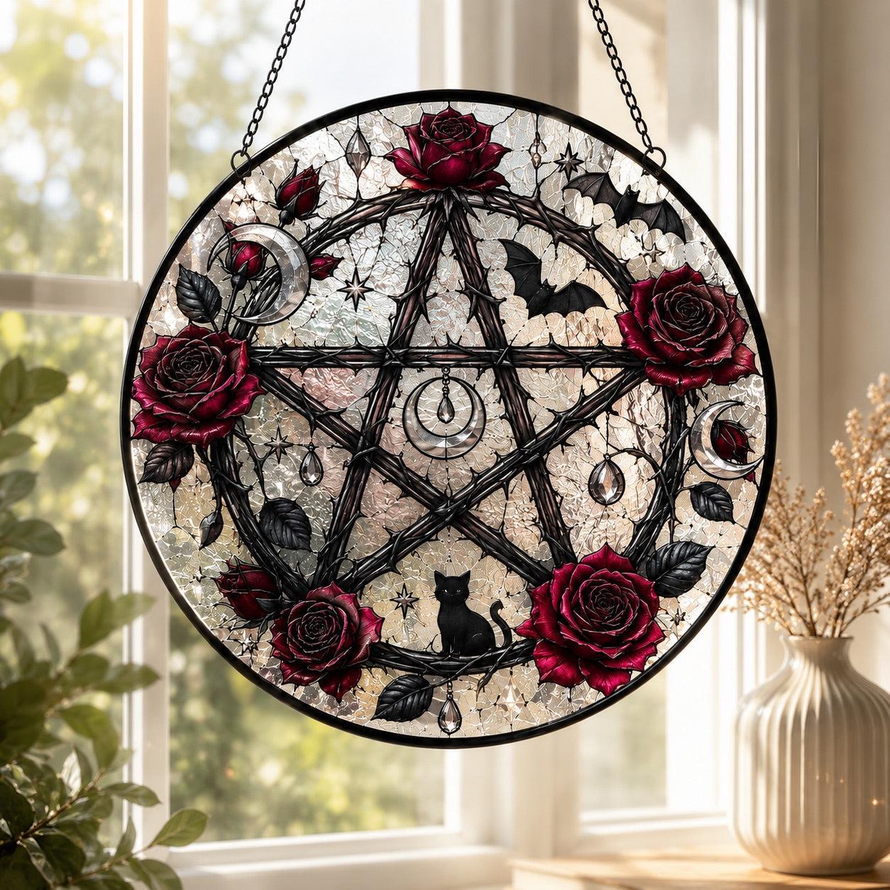 Gothic Pentagam Glass Suncatcher - window display