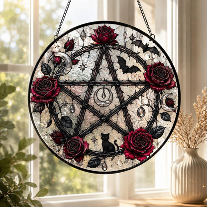 Gothic Pentagam Glass Suncatcher - window display