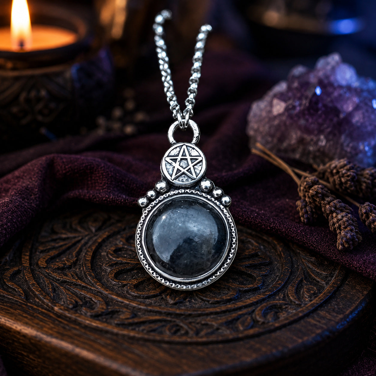 Gothic pentagram necklace with round stone on carved Pagan altar