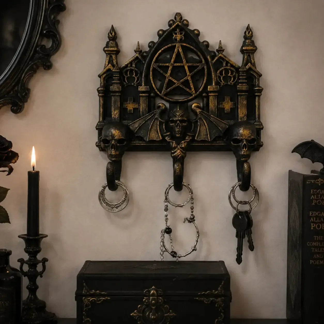 Gothic Pentagram Skull Bat Wall Hook Key and Jewelry Holder-MoonChildWorld