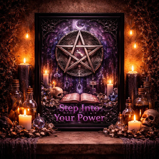 Black framed Gothic pentagram wall art with a crescent moon, surrounded by candles, skulls, and potion bottles.