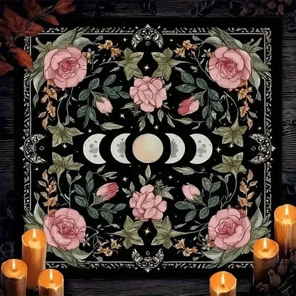 Dark romantic pink rose moon phase altar cloth – Wiccan Pagan Halloween tarot mat