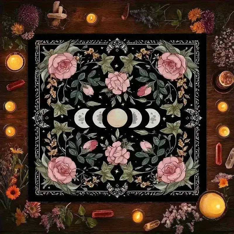 Pink rose moon phase tarot mat gothic black – Wiccan sacred altar decor and ritual cloth