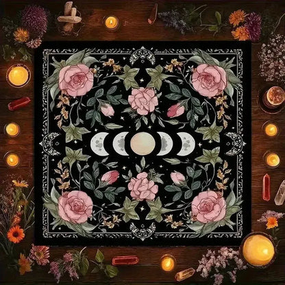 Pink rose moon phase tarot mat gothic black – Wiccan sacred altar decor and ritual cloth