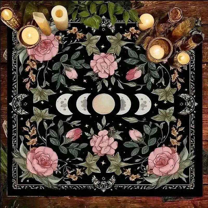 Gothic Pink Rose Moon Phase Tarot Altar Cloth black background – witchcraft divination ritual mat