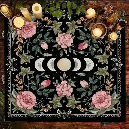 Gothic Pink Rose Moon Phase Tarot Altar Cloth black background – witchcraft divination ritual mat