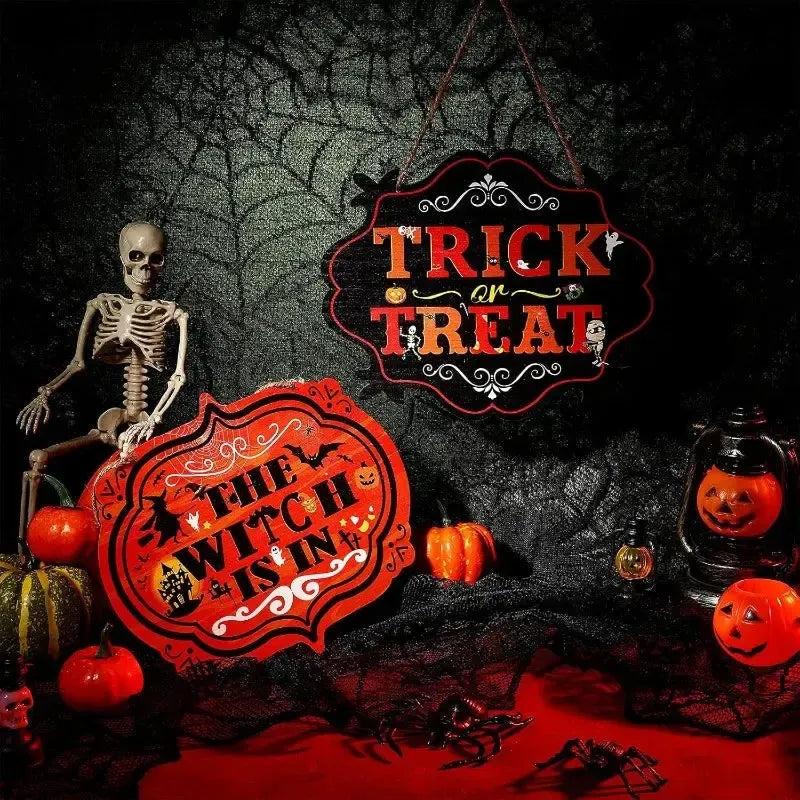 Gothic Plaque Set 2pcs Halloween Wooden Wreath Sign – 'Trick or Treat' Witch Hanging Sign-MoonChildWorld