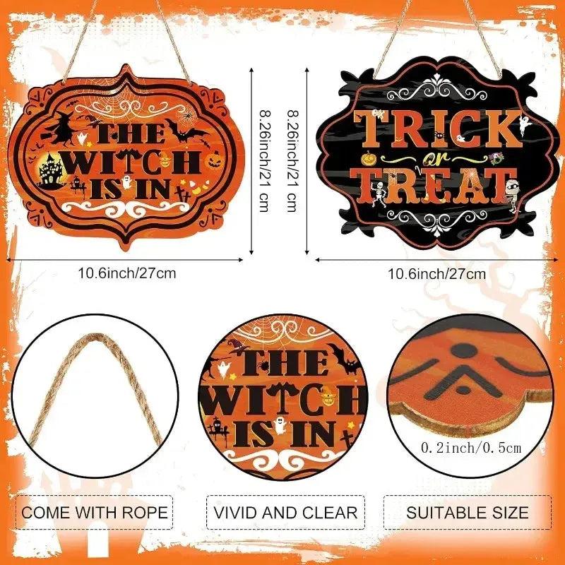 Gothic Plaque Set 2pcs Halloween Wooden Wreath Sign – 'Trick or Treat' Witch Hanging Sign-MoonChildWorld