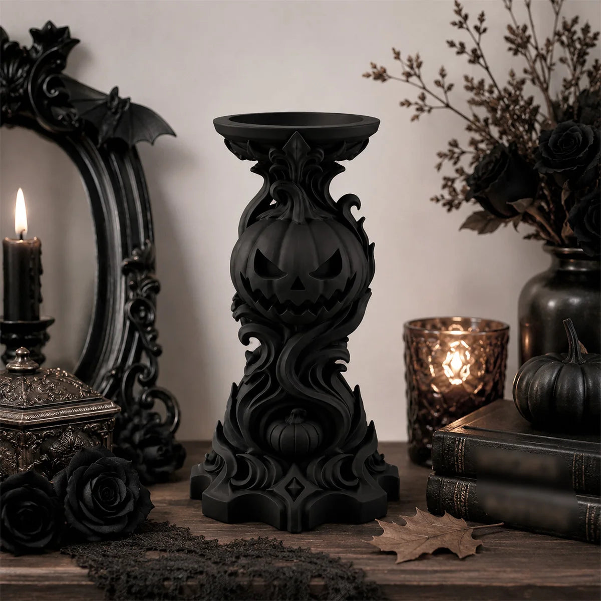 Gothic Pumpkin Candlestick Holder Resin Carved Candle Holder-MoonChildWorld