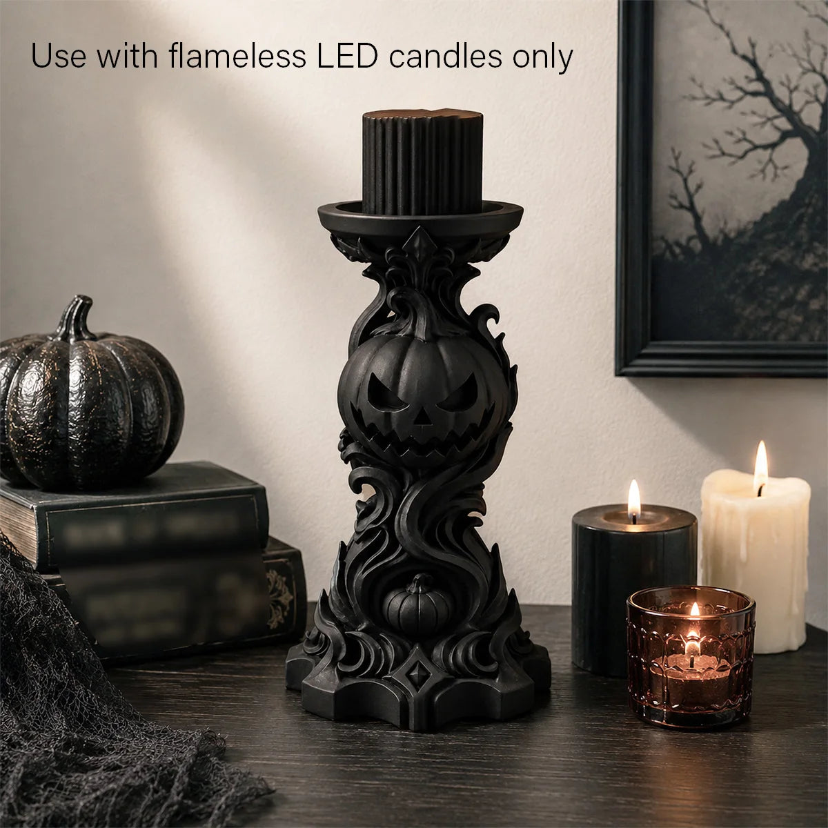 Gothic Pumpkin Candlestick Holder Resin Carved Candle Holder-MoonChildWorld