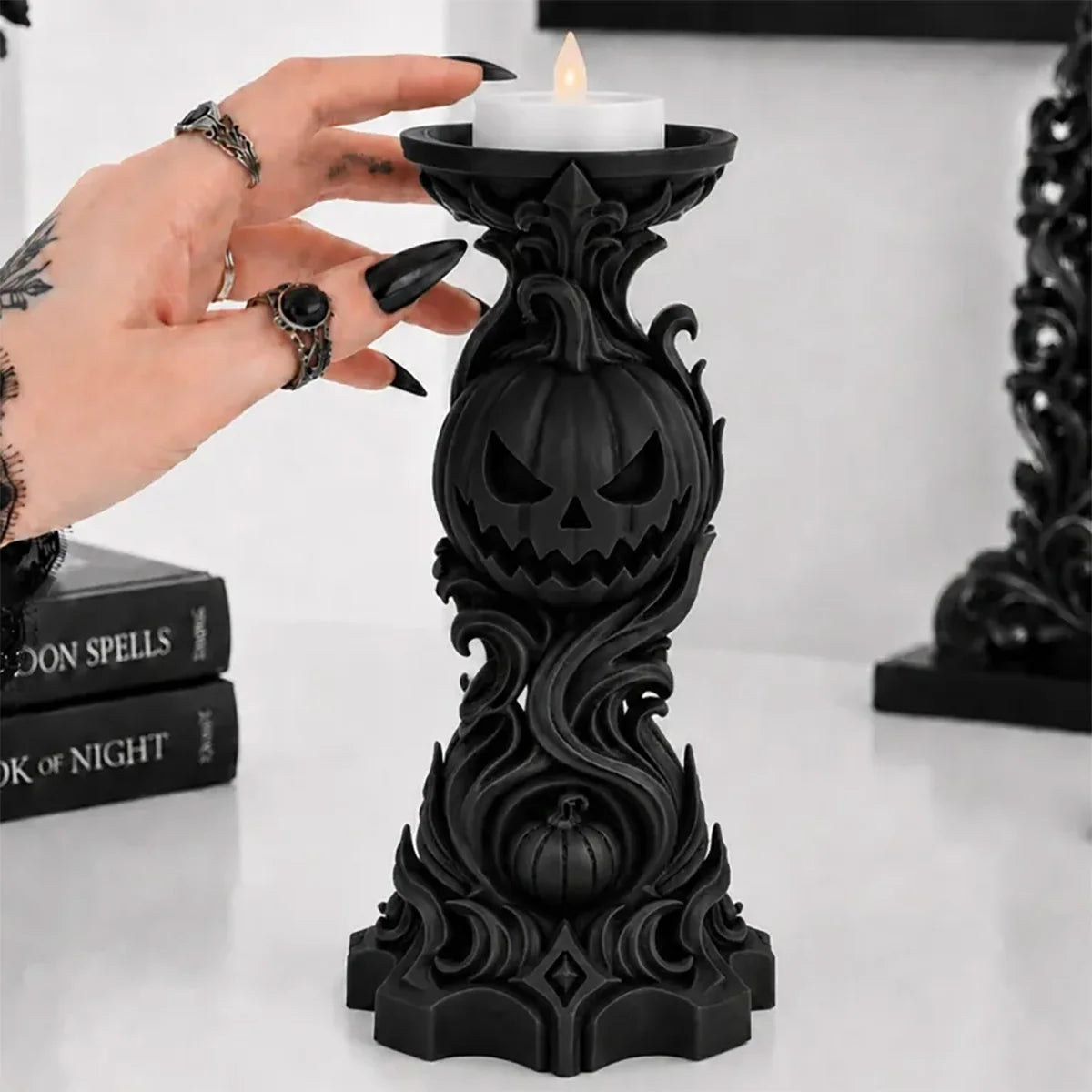 Gothic Pumpkin Candlestick Holder Resin Carved Candle Holder-MoonChildWorld