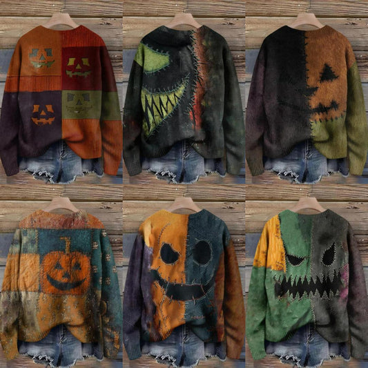 Gothic Pumpkin Long Sleeve Pullover Sweater for Halloween-MoonChildWorld