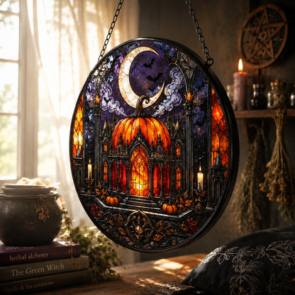 Gothic Pumpkin Temple Glass Suncatcher - close up detail