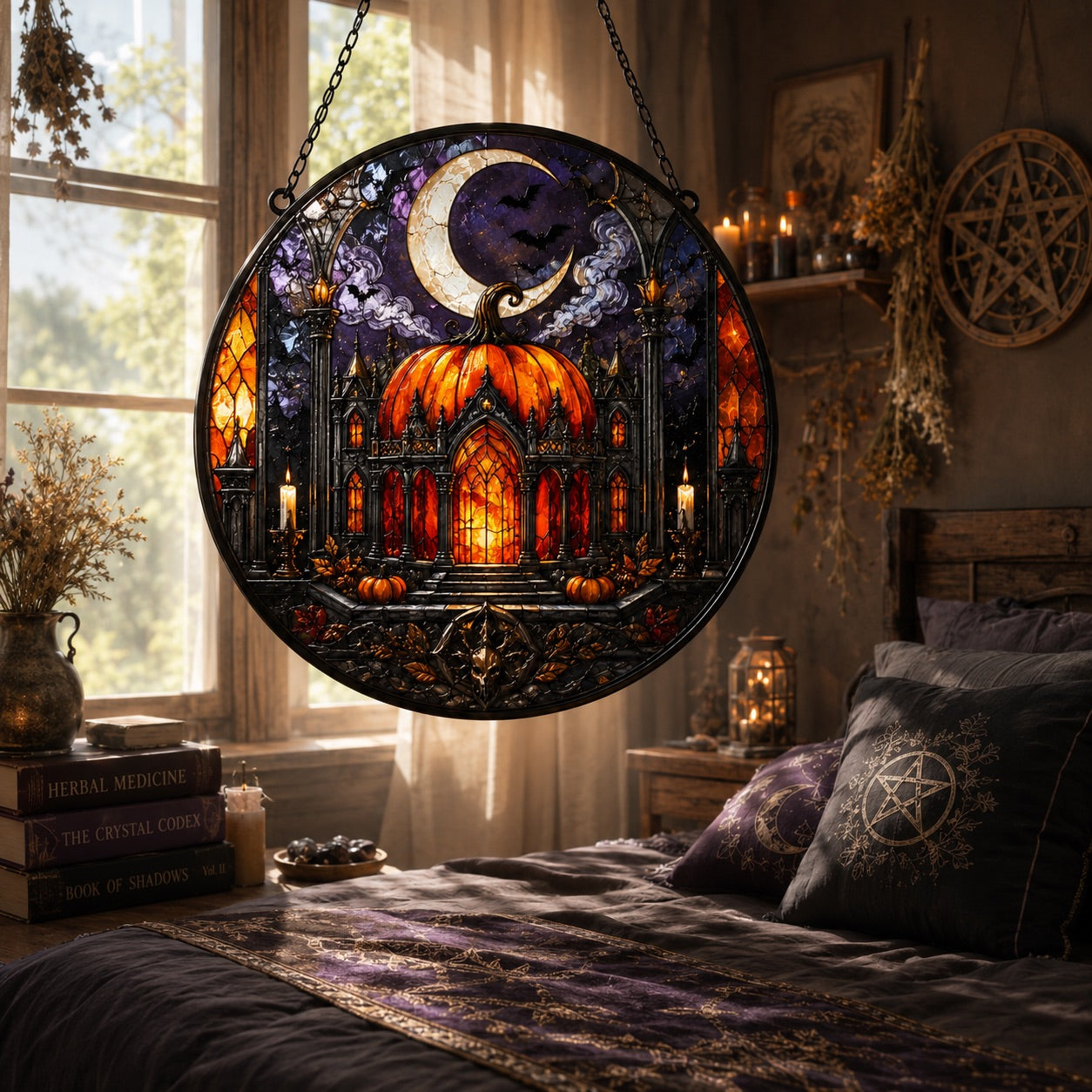 Gothic Pumpkin Temple Glass Suncatcher - sunlight glow