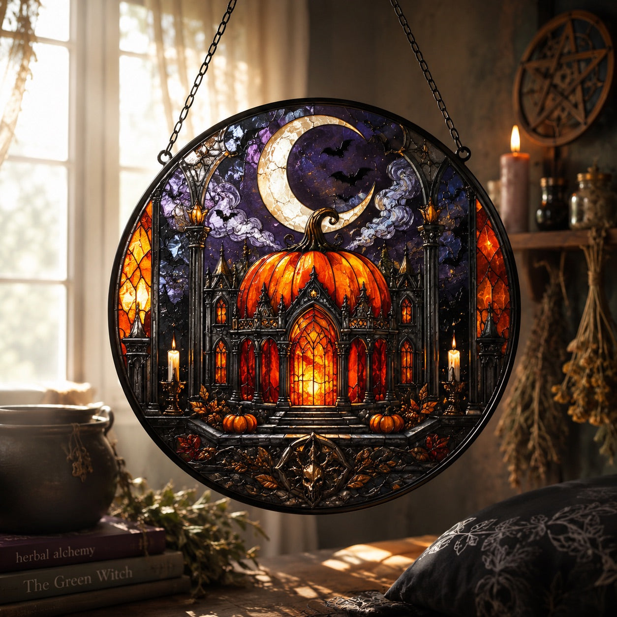 Gothic Pumpkin Temple Glass Suncatcher - window display