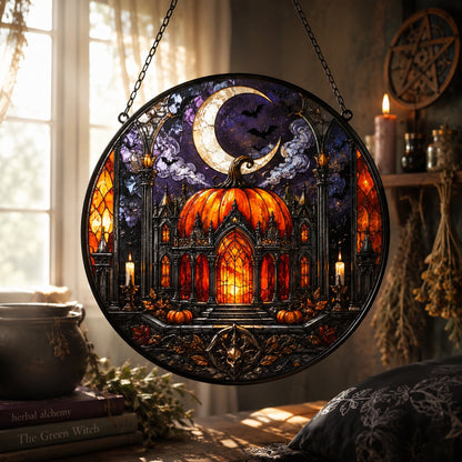 Gothic Pumpkin Temple Glass Suncatcher - window display